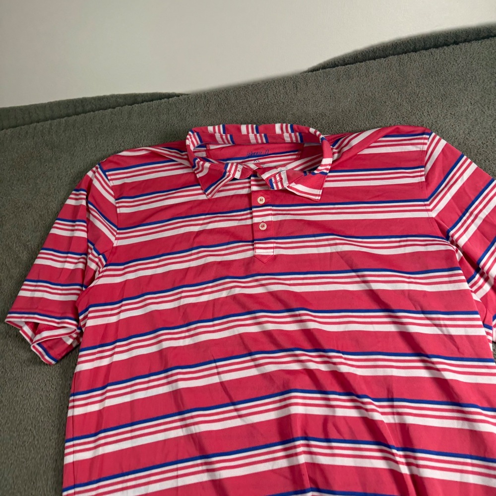 Johnnie-O Mens XL Performance Polo Shirt Pink White Blue Striped Short Sleeve